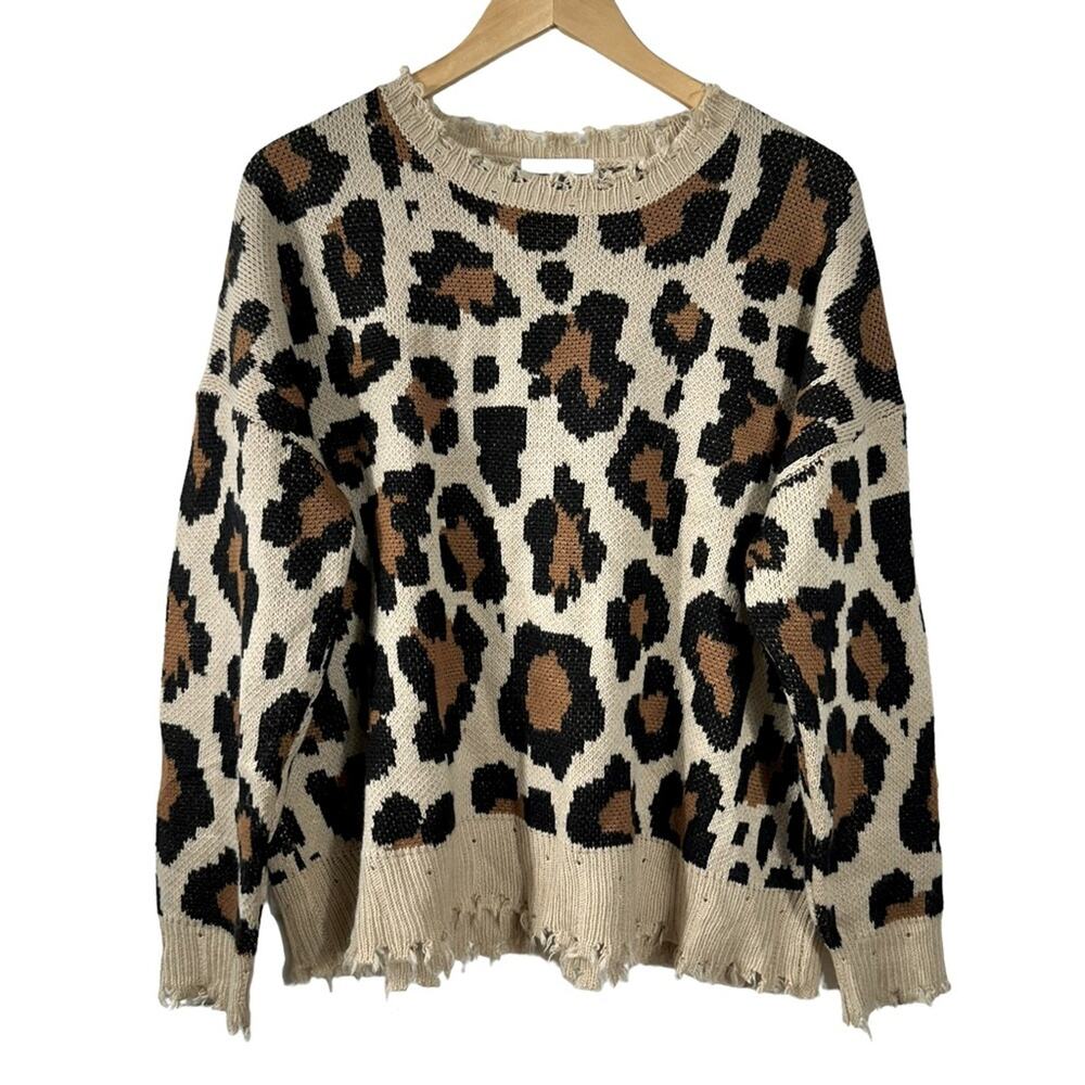 Hayden Los Angeles Distressed Leopard Print Crewneck Sweater Size Small - Picture 1 of 9